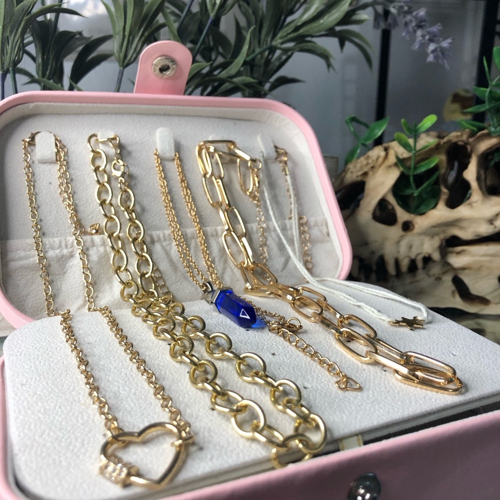 Gold Chain Necklace Set with Blue Pendant
